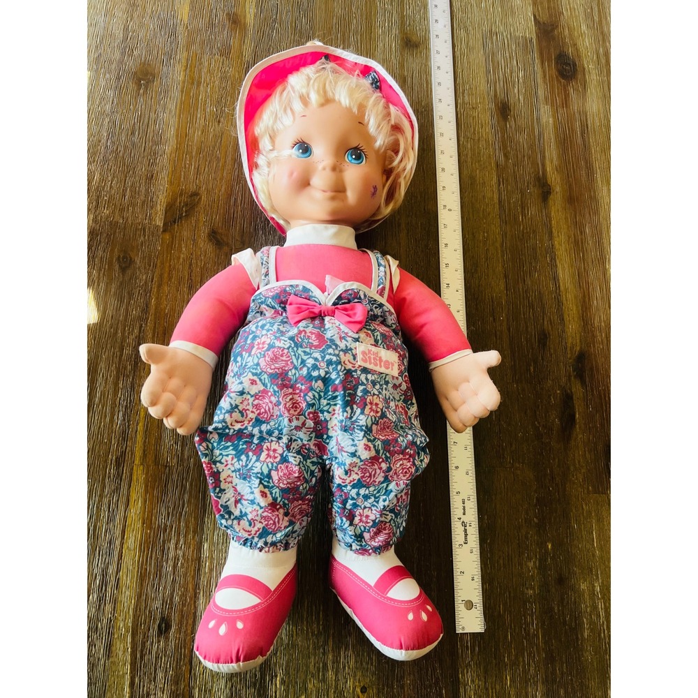 Vintage Playskool Kid Sister Doll 1980s Blonde Hair Blue Eyes Overalls 17"